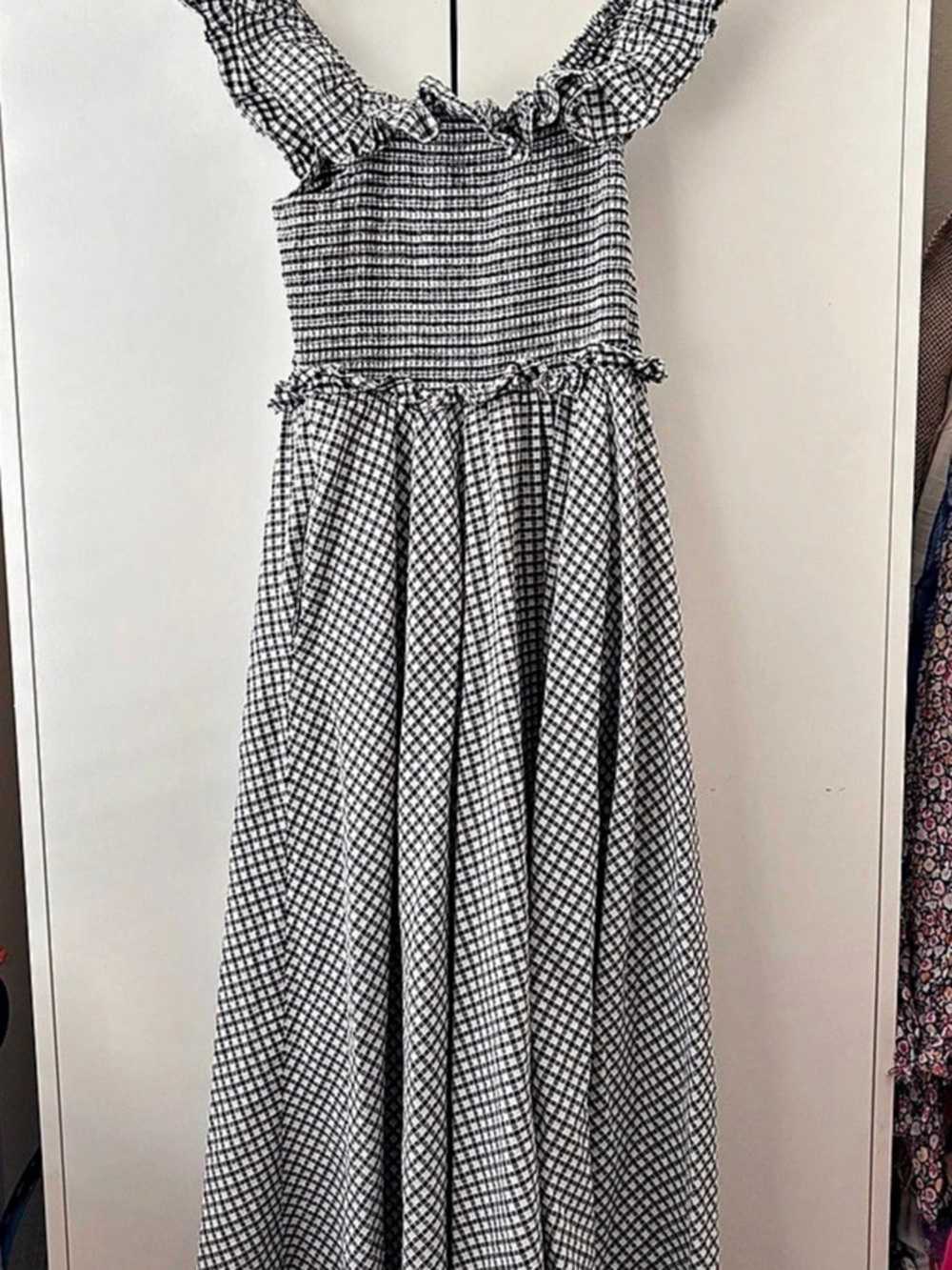 CeCe Gingham Smocked Maxi Dress in Black & White Size Small Like